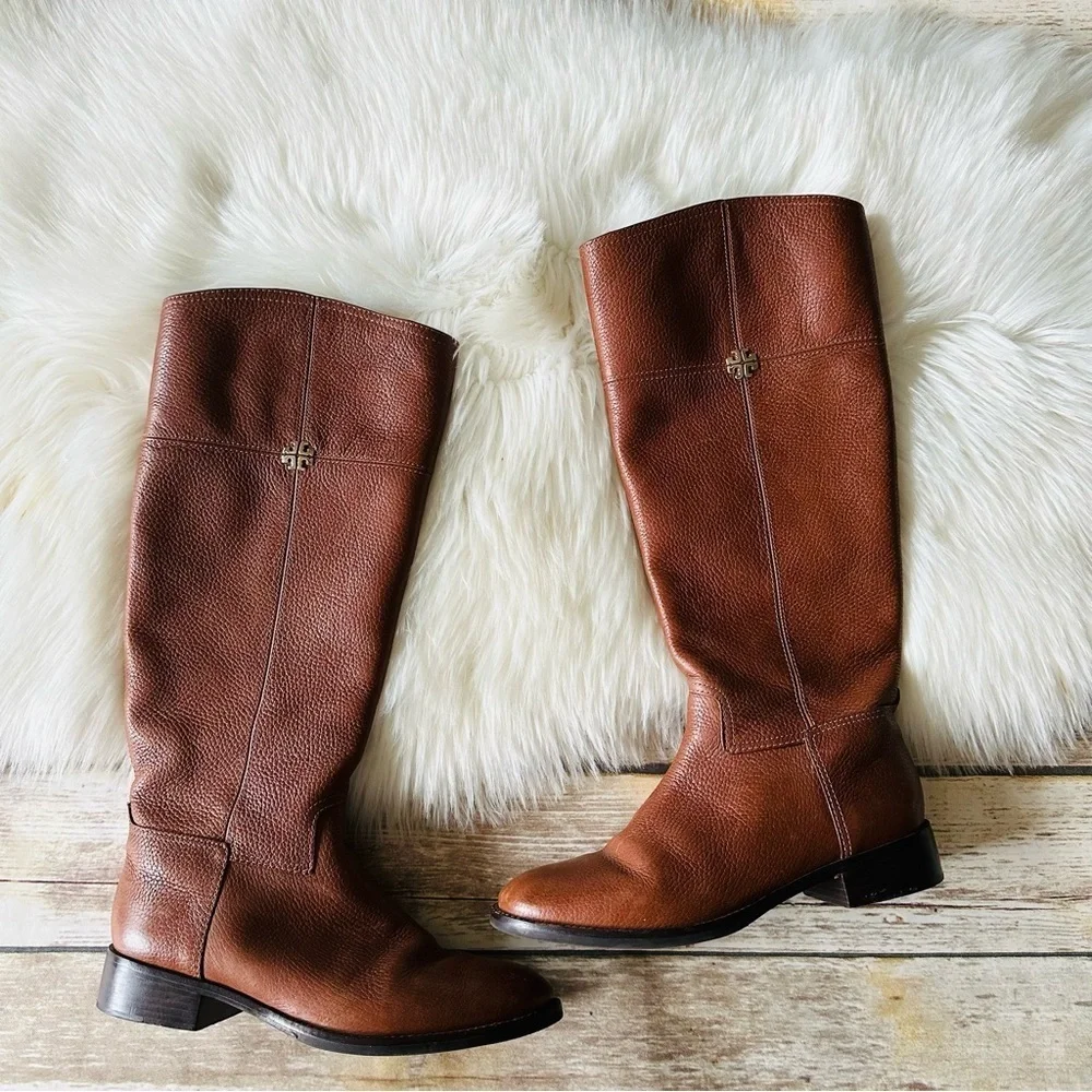 Tory Burch Jolie Pebble Leather Brown Riding Boots 8.5
